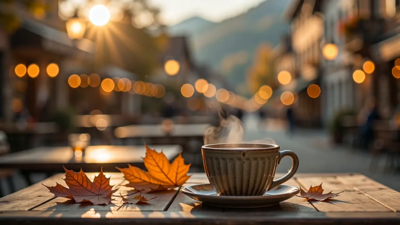 AI-generated scene: steam rising from a ceramic coffee cup beside autumn maple leaves on a wooden café table, with blurred street lights behind