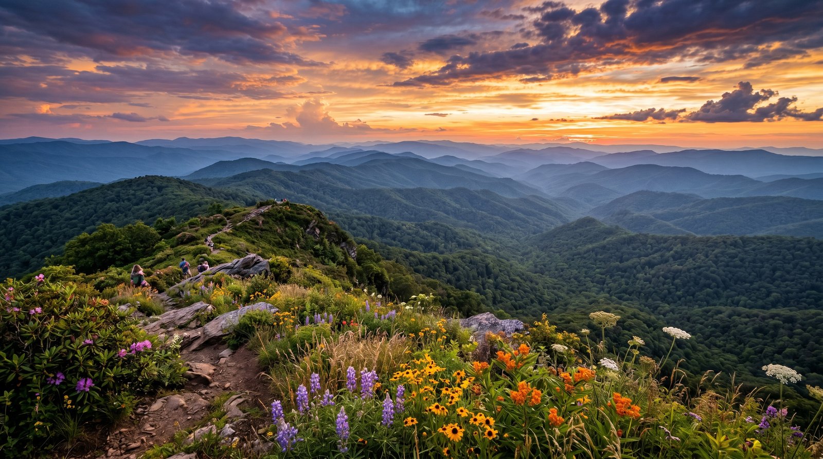 Panoramic Blue Ridge Mountain view with wildflower meadow at golden hour near Dahlonega Georgia