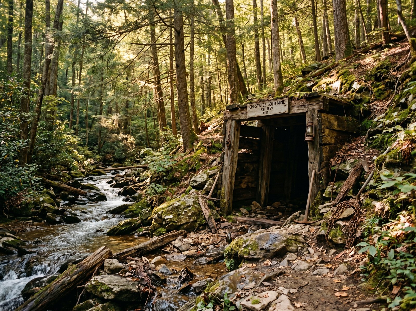 Historic gold mine shaft entrance in North Georgia forest near Dahlonega