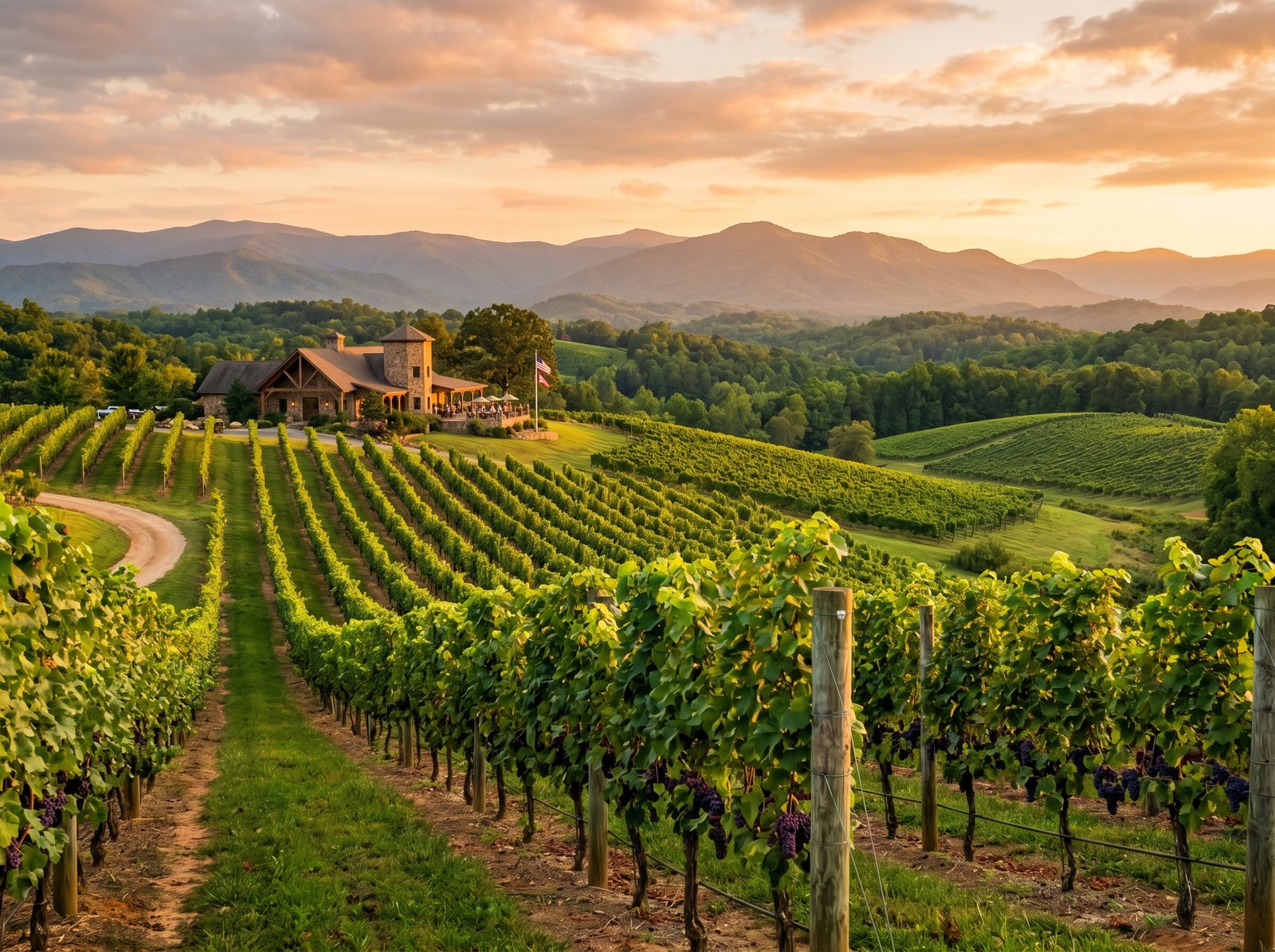North Georgia vineyard rows with Blue Ridge Mountains in background at golden hour