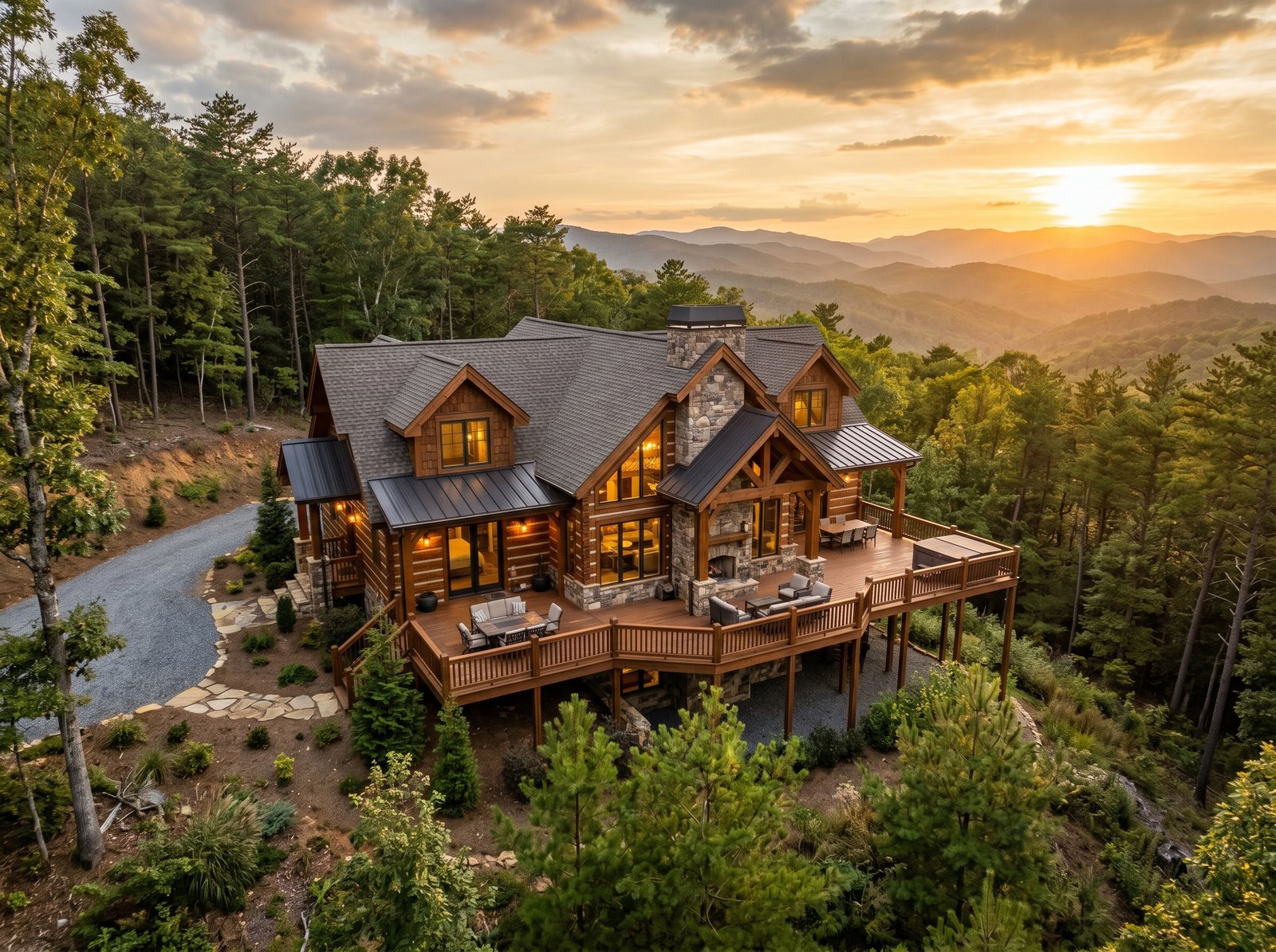 Rustic cedar and stone mountain cabin with panoramic ridge view near Dahlonega