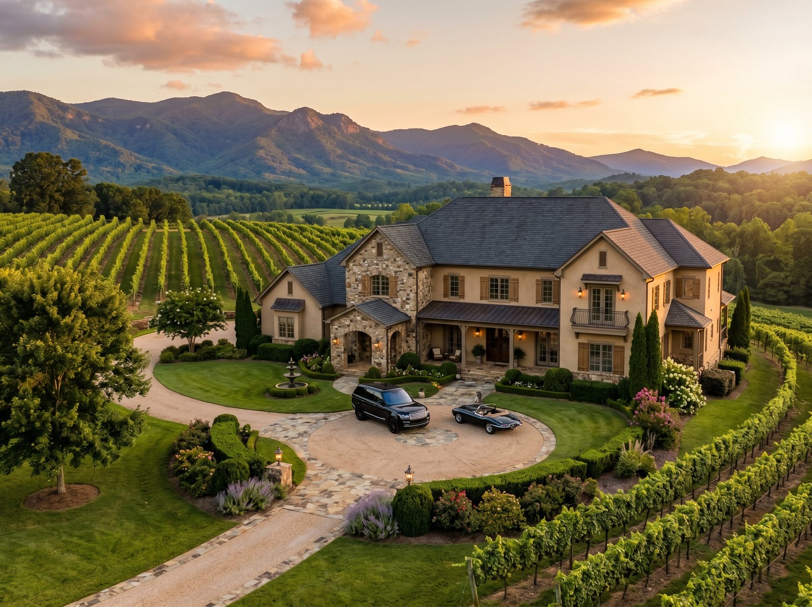 Stone and stucco estate home surrounded by vineyard rows with Blue Ridge Mountain backdrop
