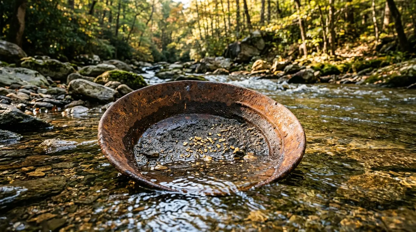 A rusted metal pan rests in a clear mountain stream, its submerged sediment glinting with tiny, natural gold flakes under dappled sunlight
