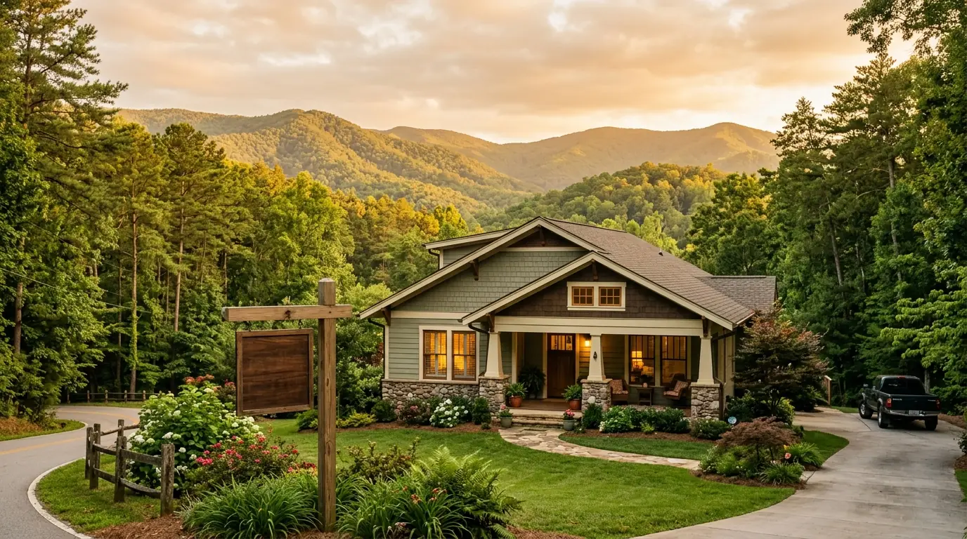 A real estate sign stands in the front yard of a charming craftsman home, with rolling, pine-covered mountain foothills in the background
