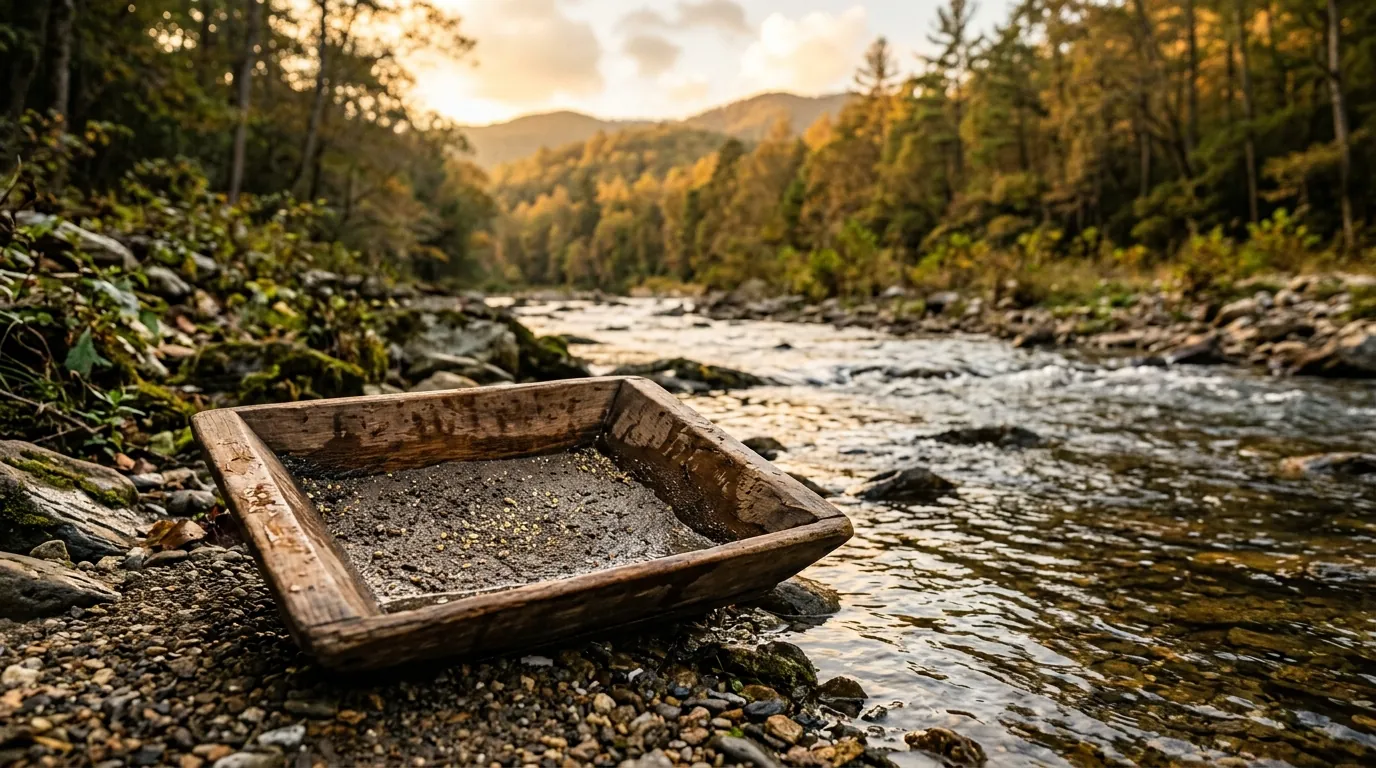 A rustic wooden pan filled with wet silt and tiny glittering flecks rests beside a shallow, clear stream on a gravelly riverbank