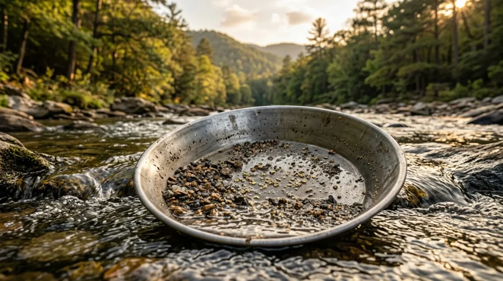 A shallow metal pan rests in a clear mountain stream, holding wet river gravel and tiny shimmering specks of gold