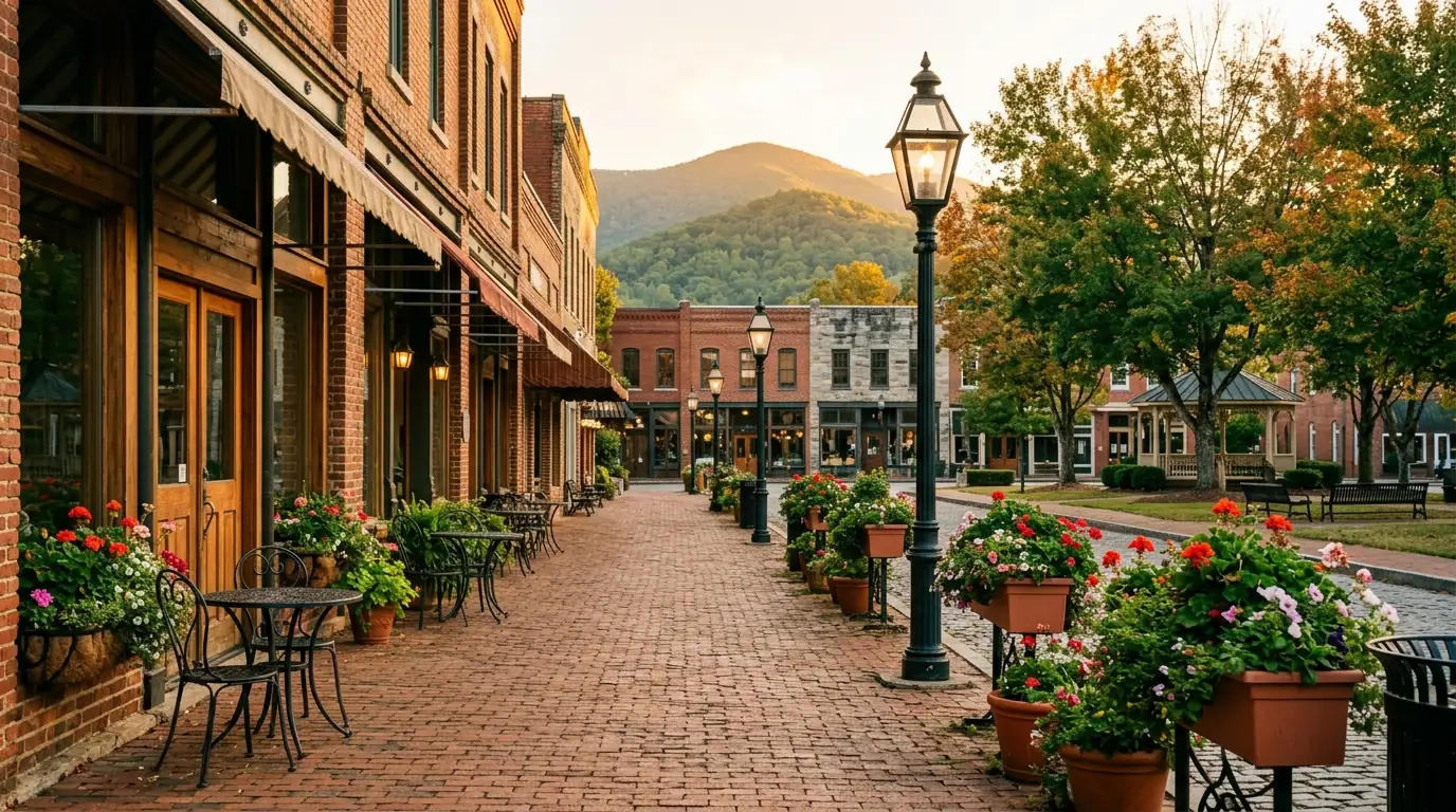 Sunlight illuminates a brick sidewalk lined with vintage street lamps, flower boxes, outdoor bistro tables, and historic storefronts framing a central town square