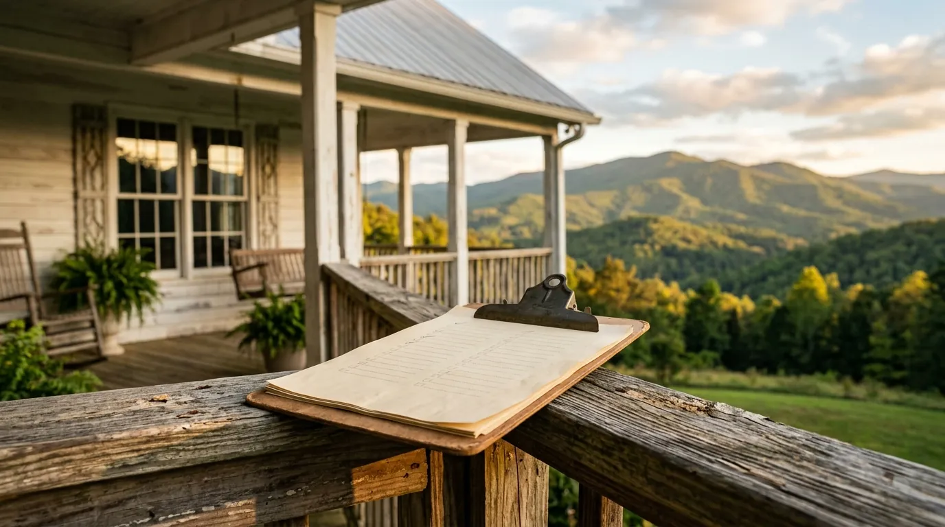A home inspection checklist on a clipboard resting on the weathered wooden porch railing of a historic southern-style house