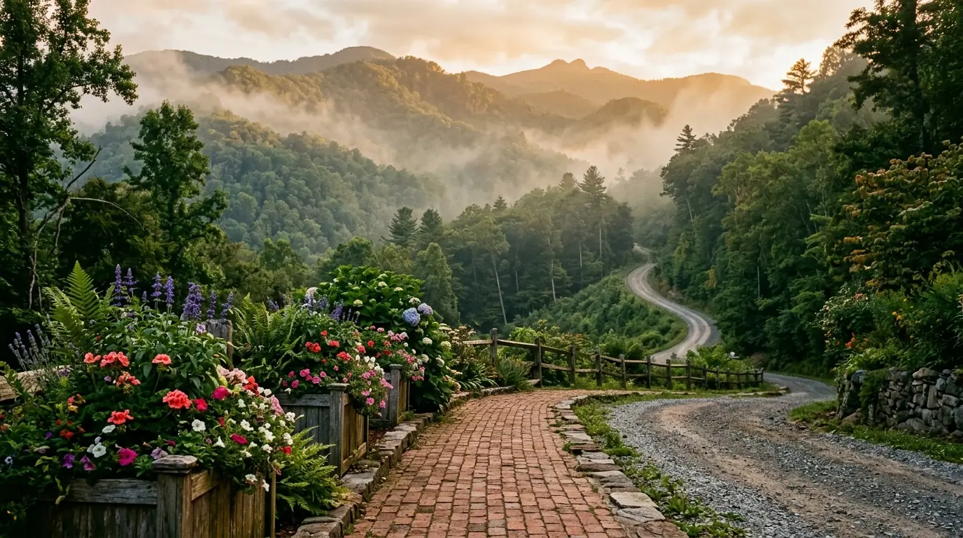 A cozy brick sidewalk with flower-filled planters in the foreground framed against a scenic gravel road winding up dense, misty mountain slopes