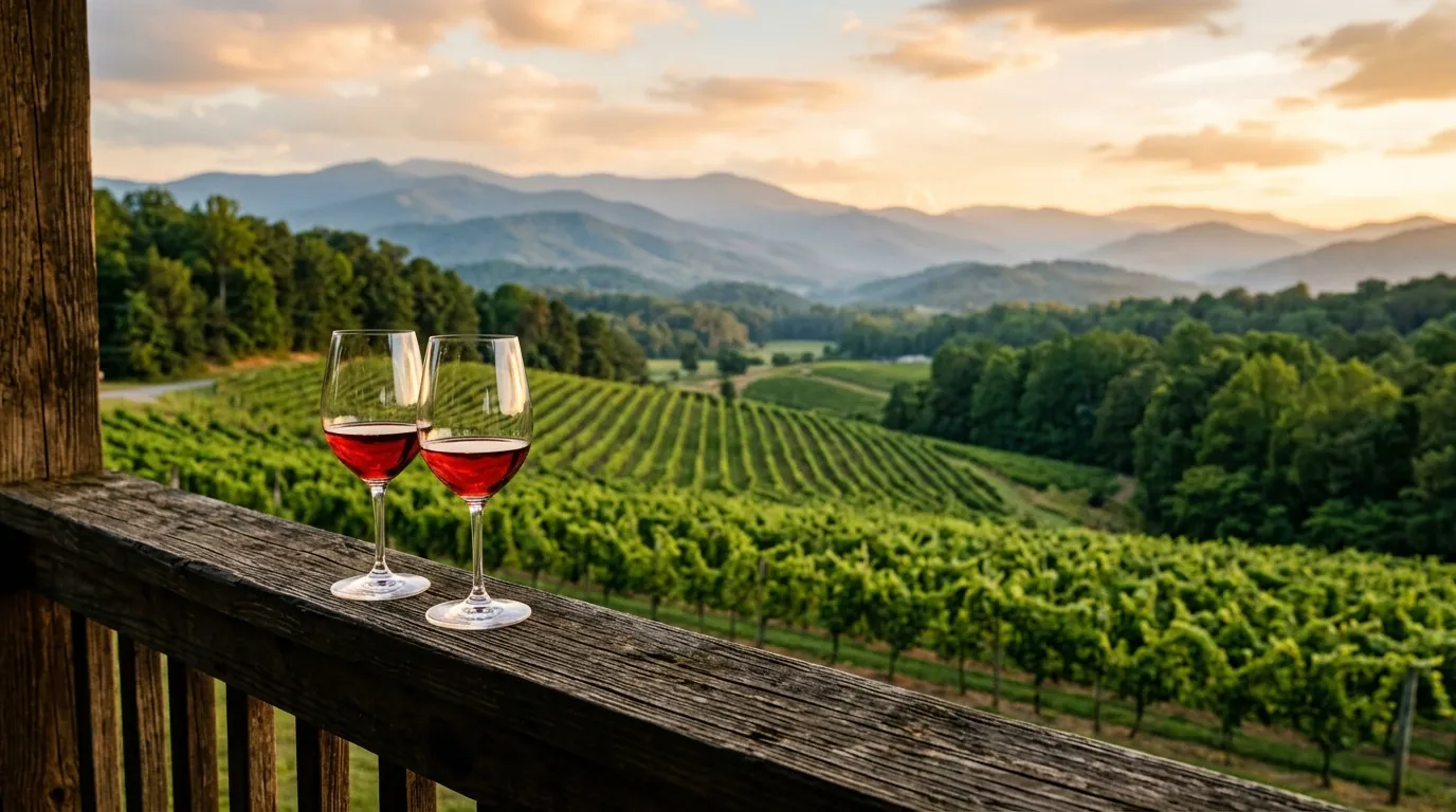 Two wine glasses on a rustic porch railing overlook lush vineyard rows stretching toward misty blue mountain ridges in the warm evening light