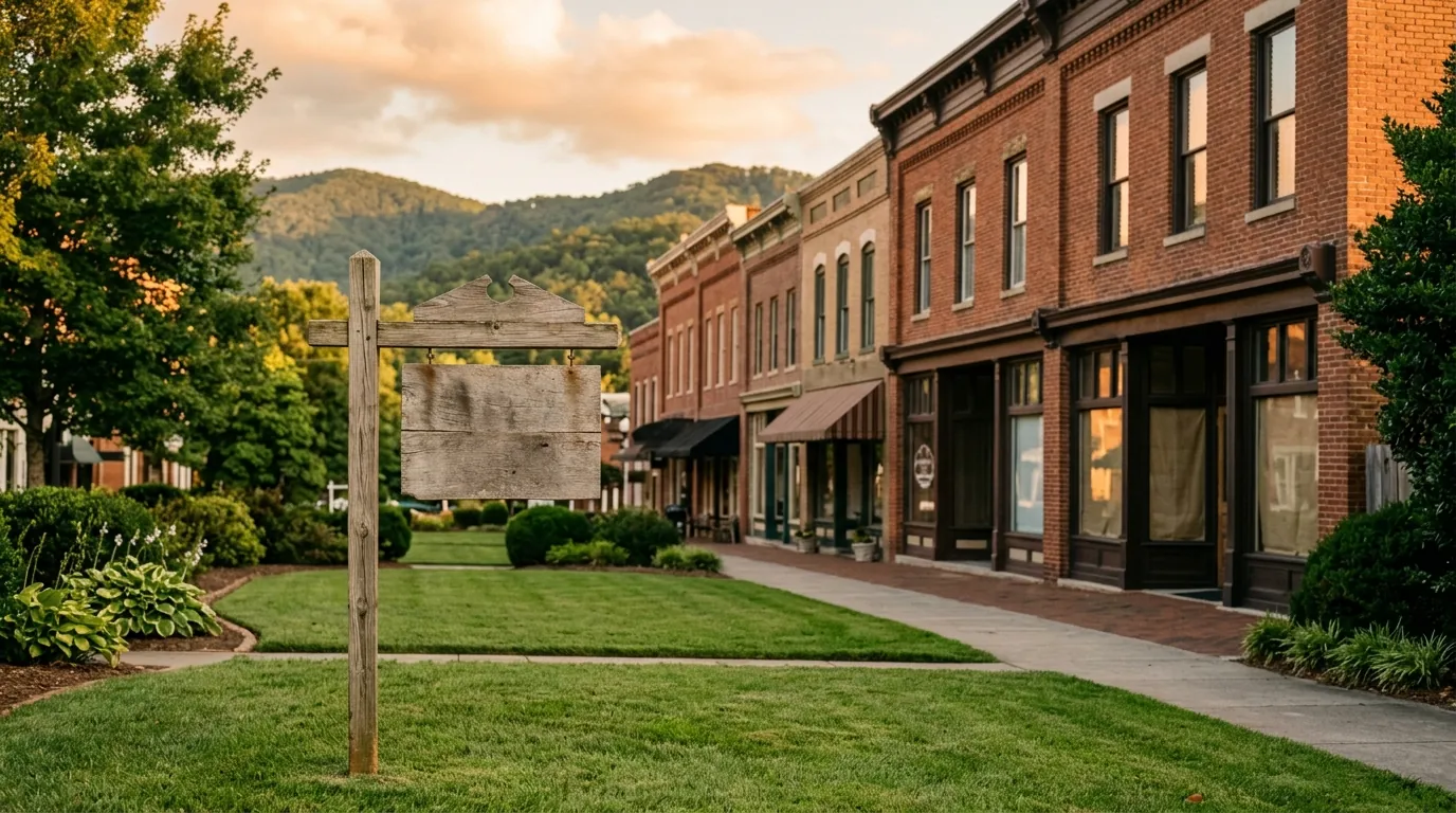 A wooden For Sale sign stands in a manicured yard before historic brick storefronts bathed in warm summer sunlight