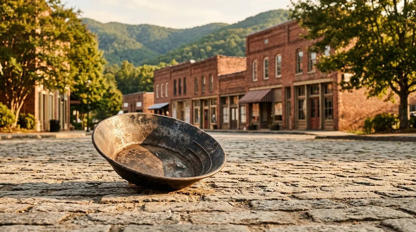 A worn metal gold-panning pan rests on a sunlit cobblestone plaza framed by historic brick storefronts and leafy trees