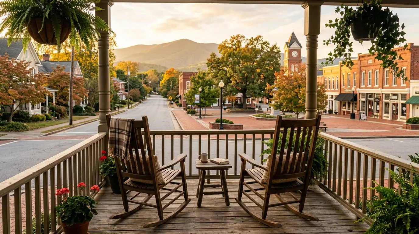 Wooden rocking chairs on a front porch overlooking a quiet residential street that leads to a sunlit, historic brick town square