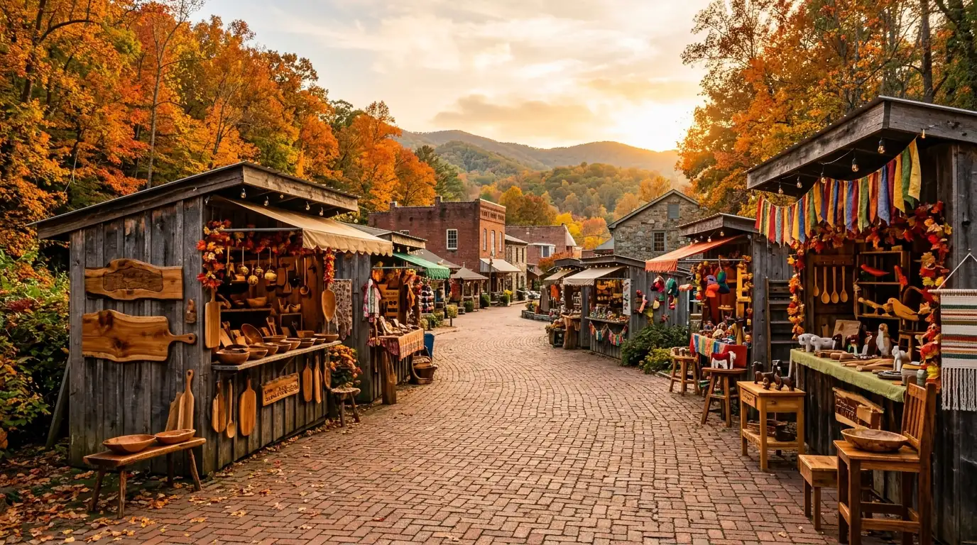 Colorful craft stalls with handmade wooden wares line a sunlit brick plaza decorated with seasonal banners and vibrant autumn leaves