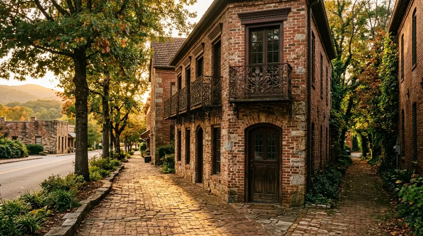 Sunlight falls on a historic brick sidewalk leading past a vintage masonry facade, ornate wrought-iron balconies, and a quiet, leafy alleyway entrance