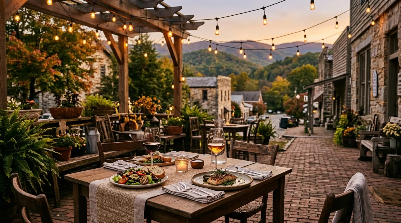 Warm string lights illuminate a cozy patio table set with wine glasses and fresh, plated meals alongside a historic, brick-paved street