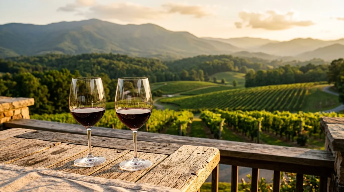 Crystal wine glasses sit on a rustic wooden table overlooking lush, rolling vineyards and distant, haze-covered mountains under warm afternoon sunlight