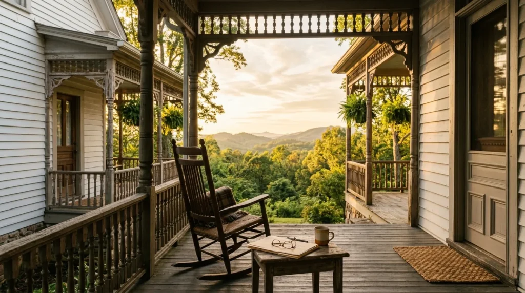 A sunlit historic wooden porch with ornate gingerbread trim, a traditional rocking chair, and a buyer's inspection folder on a small side table