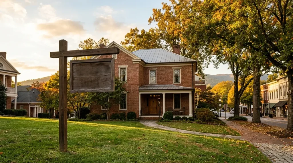 A generic real estate sign stands on a sun-dappled lawn before a historic brick home near a tree-lined downtown square