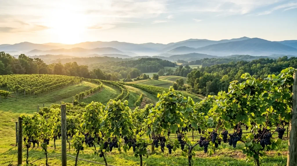 Sunlit grapevines heavy with ripe fruit stretch across rolling green hills toward distant, misty blue mountain peaks under a soft morning sky