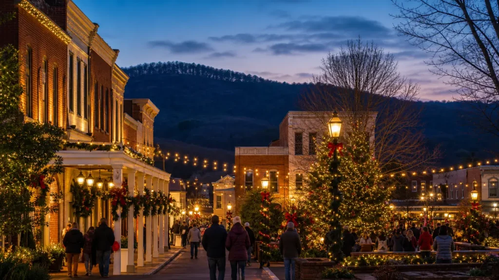 Warm white Christmas lights, evergreen garlands, and decorated trees glow along a brick-lined small-town square as bundled visitors walk beneath low forested ridges at blue hour
