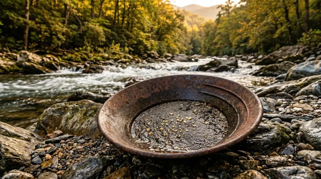 A rusty gold pan resting on river rocks beside a rushing mountain stream, showcasing tiny, glinting yellow flakes in the wet sediment