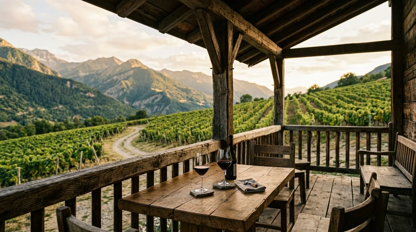 A covered wooden porch with two glasses of red wine on a plank table, vineyard rows and wooded ridges beyond