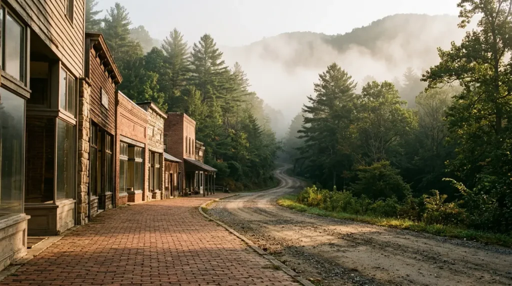 Brick sidewalks lined with historic storefronts transition seamlessly into a winding, fog-draped dirt road surrounded by dense mountain pines