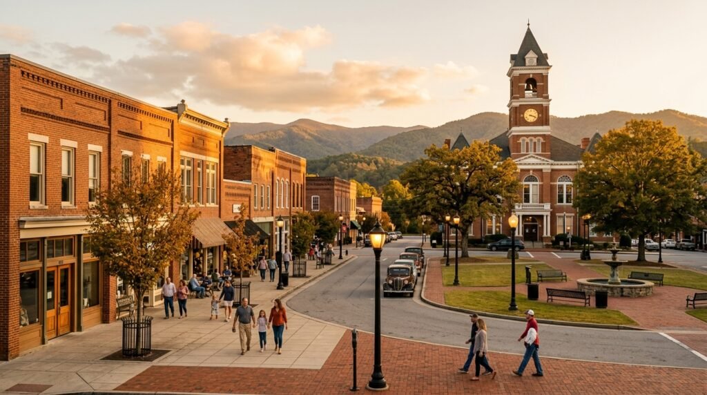 Warm golden light falls across brick storefronts lining a historic mountain town square, with a grand courthouse building rising above and tree-covered ridges in the distance