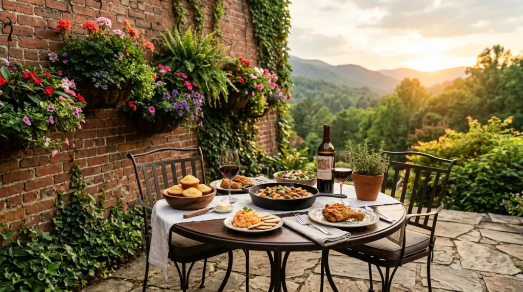 A cozy outdoor patio table set with gourmet Southern food and local wine, framed by historic red-brick walls and hanging flower baskets