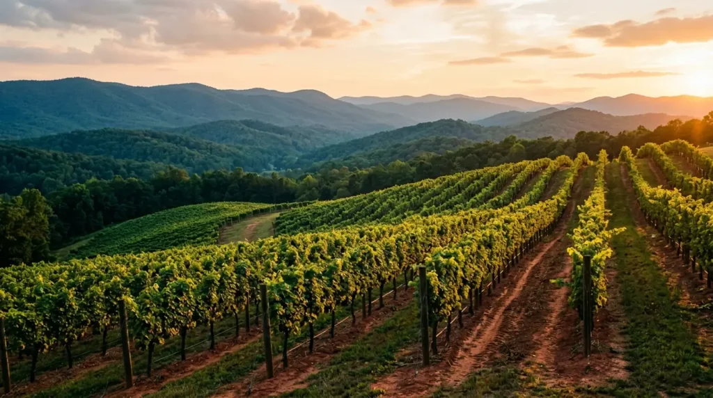 Rows of grapevines on a hillside at golden hour with forested ridgelines behind them