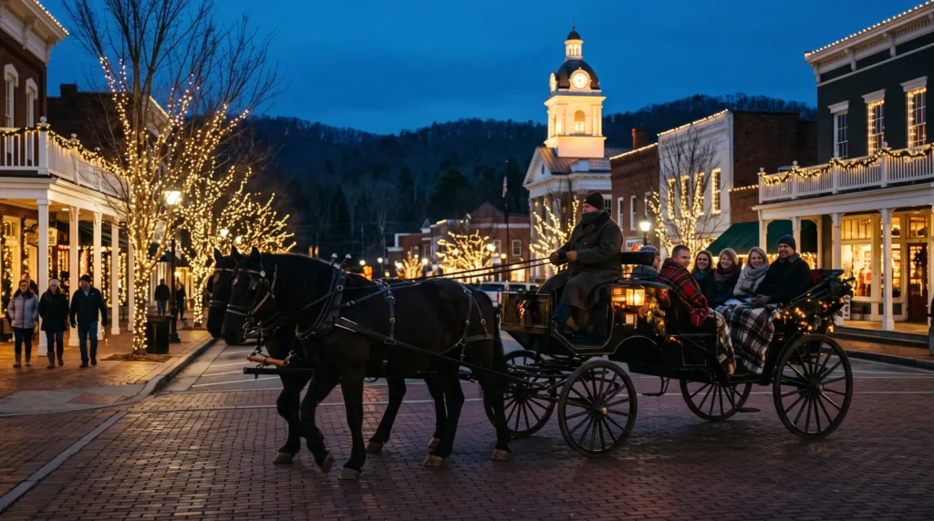 A horse-drawn carriage with glowing lanterns rolls down a brick street lined with historic brick storefronts strung with white Christmas lights, with a lit clock tower and dark rolling foothills in the background under a deep blue evening sky