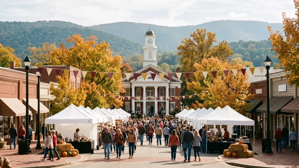 Autumn festival crowds stroll past white craft tents toward a historic brick courthouse with a clock tower, framed by gold fall foliage with low forested foothills beyond