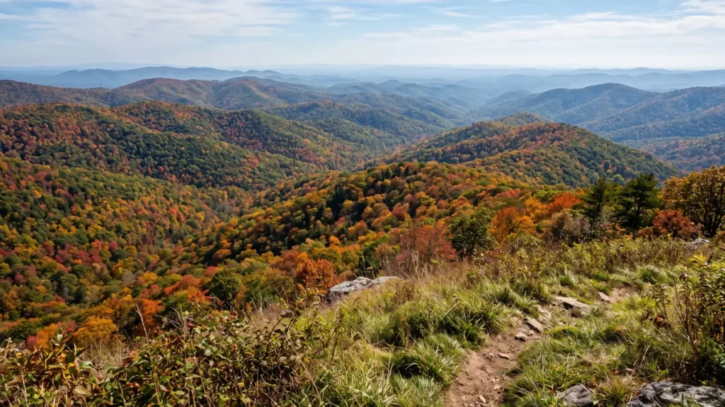 Fall color across forested North Georgia foothills seen from a high grassy overlook, with layered ridgelines in red, orange, and gold fading into blue autumn haze